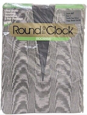 vintage 1987 ROUND THE CLOCK Style 447 Size C Sheer Gray Stockings MADE IN USA